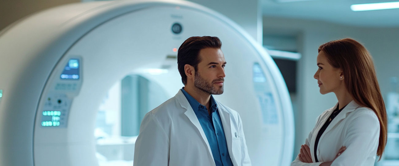 Medical sales representative with MRI scanner in hospital imaging suite